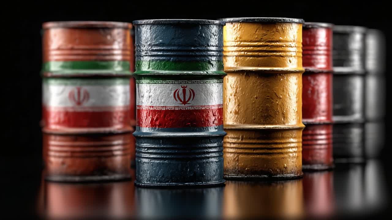 Nahaufnahme farbenfroher Ölfässer mit markanten Mustern, die unterschiedliche Texturen und reflektierende Oberflächen hervorhebt und industrielle Themen darstellt.