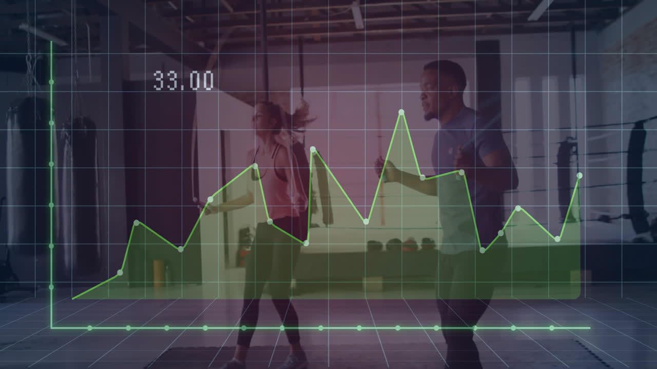 Two gym-goers jumping rope in bright fitness studio, displaying green line chart overlay