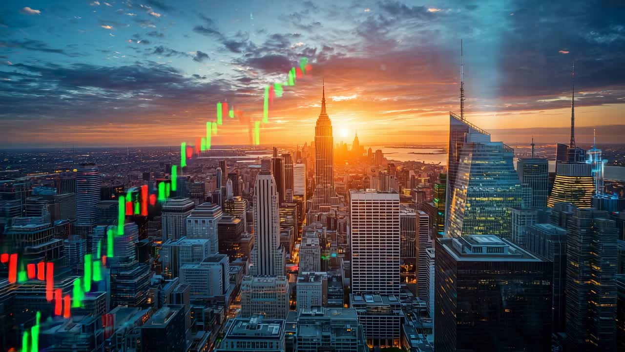 Fading green-red candlestick overlay fluctuating over Empire State Building at sunset, copy space