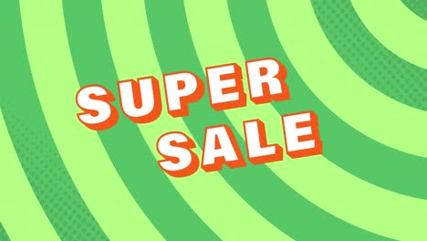 animation of super sale text in white and orange letters over green curved stripes