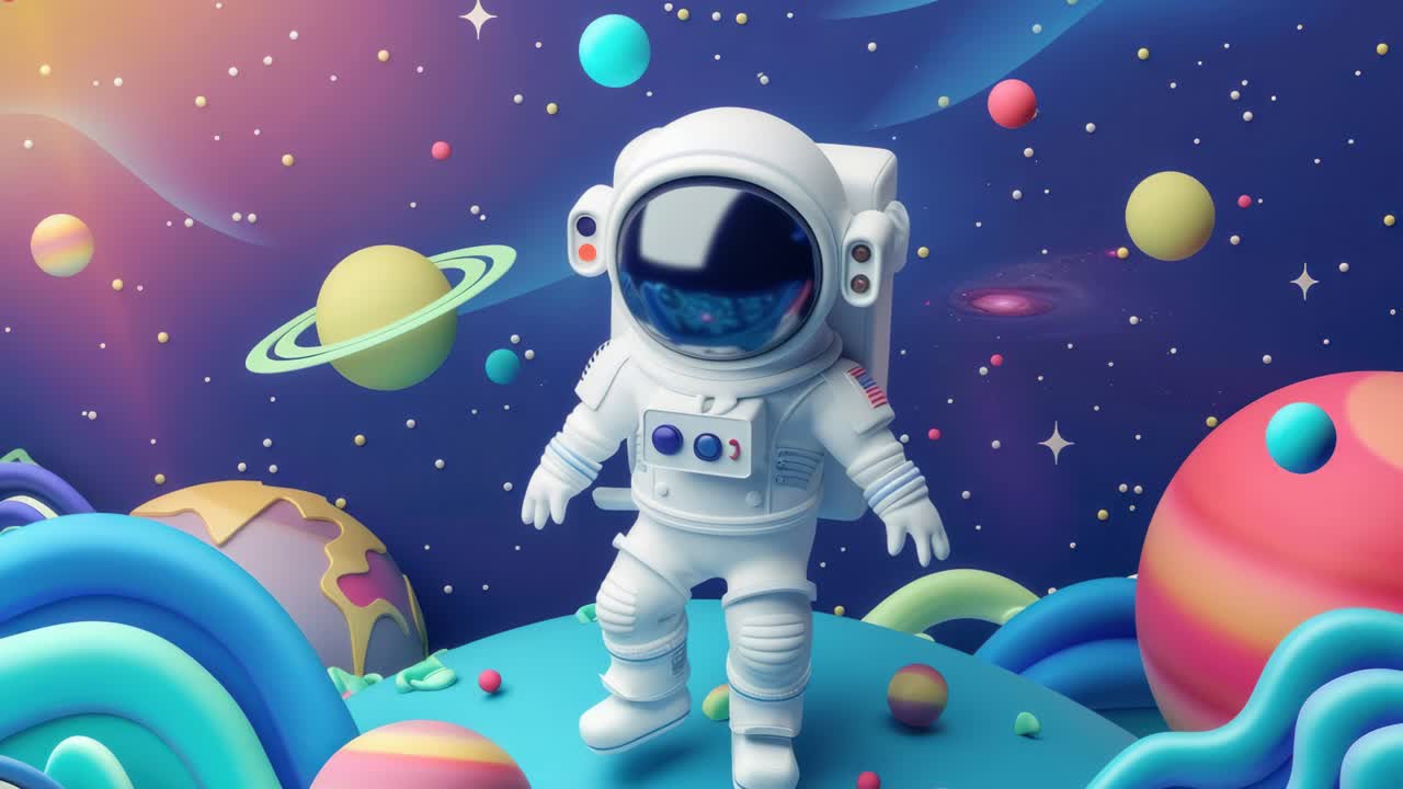 A whimsical 3D astronaut stands on a colorful planet with a cosmic backdrop