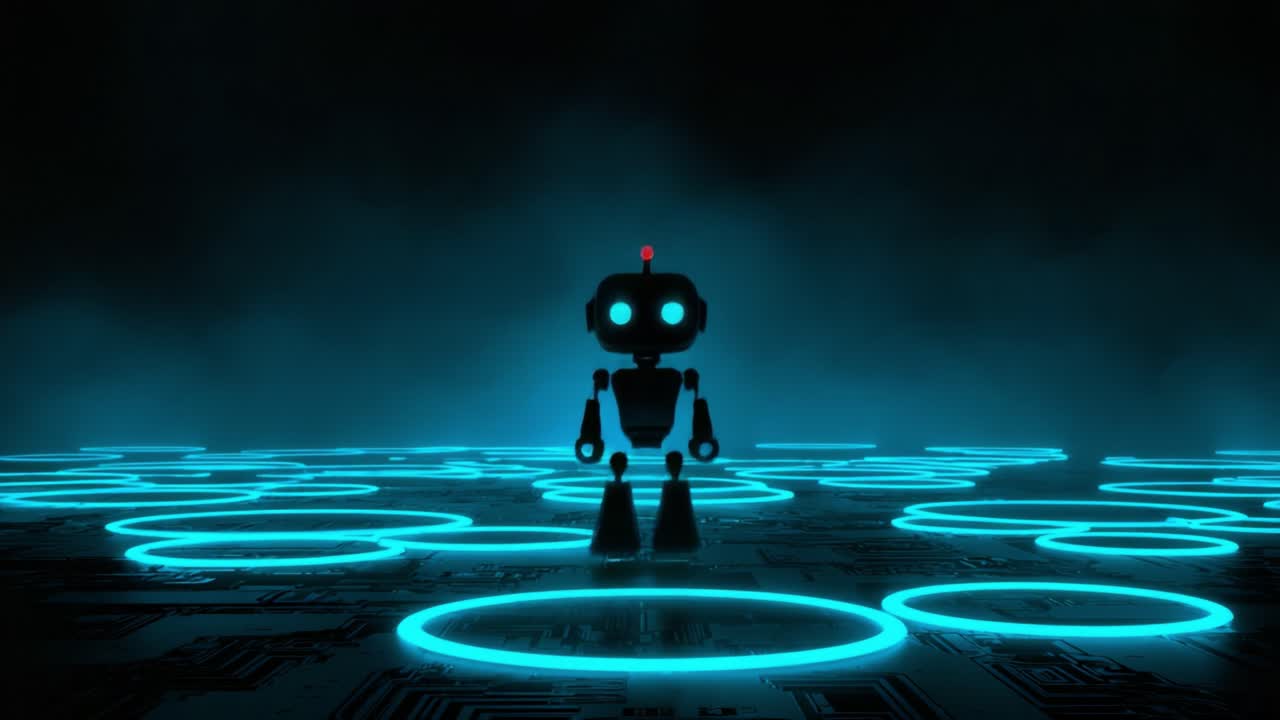 A futuristic robot stands in a dimly lit environment filled with glowing circular patterns, showcasing a blend of technology and digital artistry that captivates the imagination with its vibrant blue hues