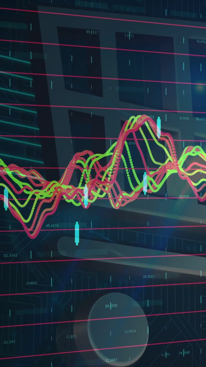 Vertical video: Multicolor traces shifting over HUD, incoming data driving collapse with ticks