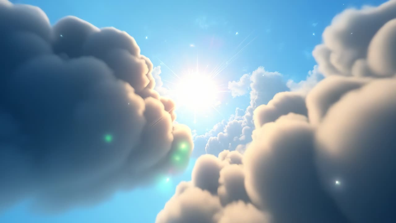A serene video scene with a low-angle view of fluffy clouds and a bright sunburst in a clear blue
