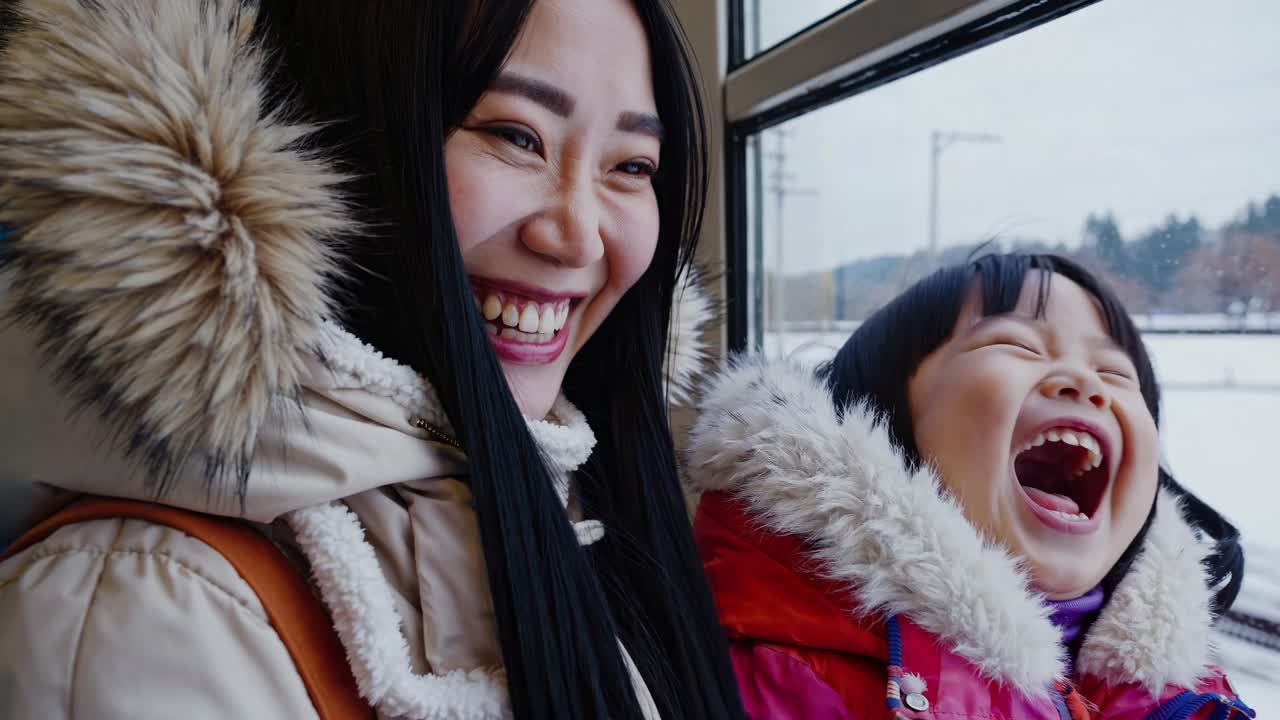 A warm, candid video shot from a side angle captures a mother and child gazing out a train window