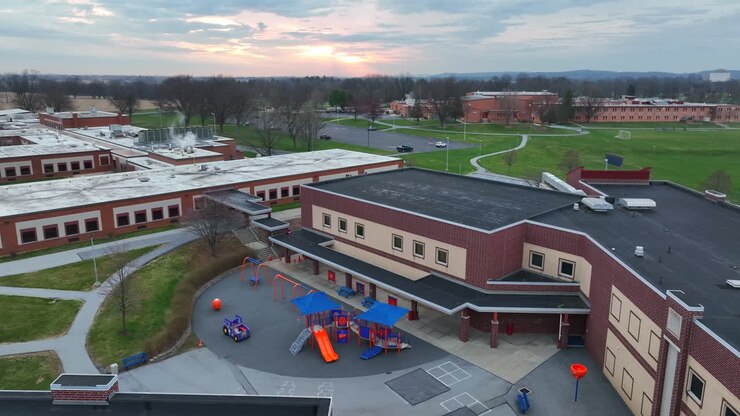 American school buildings at sunrise