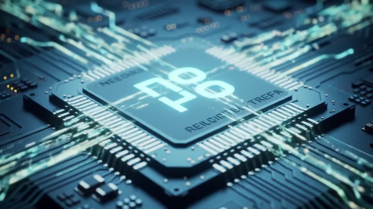 A close-up view of an advanced microchip showcases intricate designs and glowing connections.
