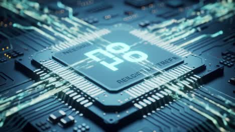 a close-up view of an advanced microchip showcases intricate designs and glowing connections.