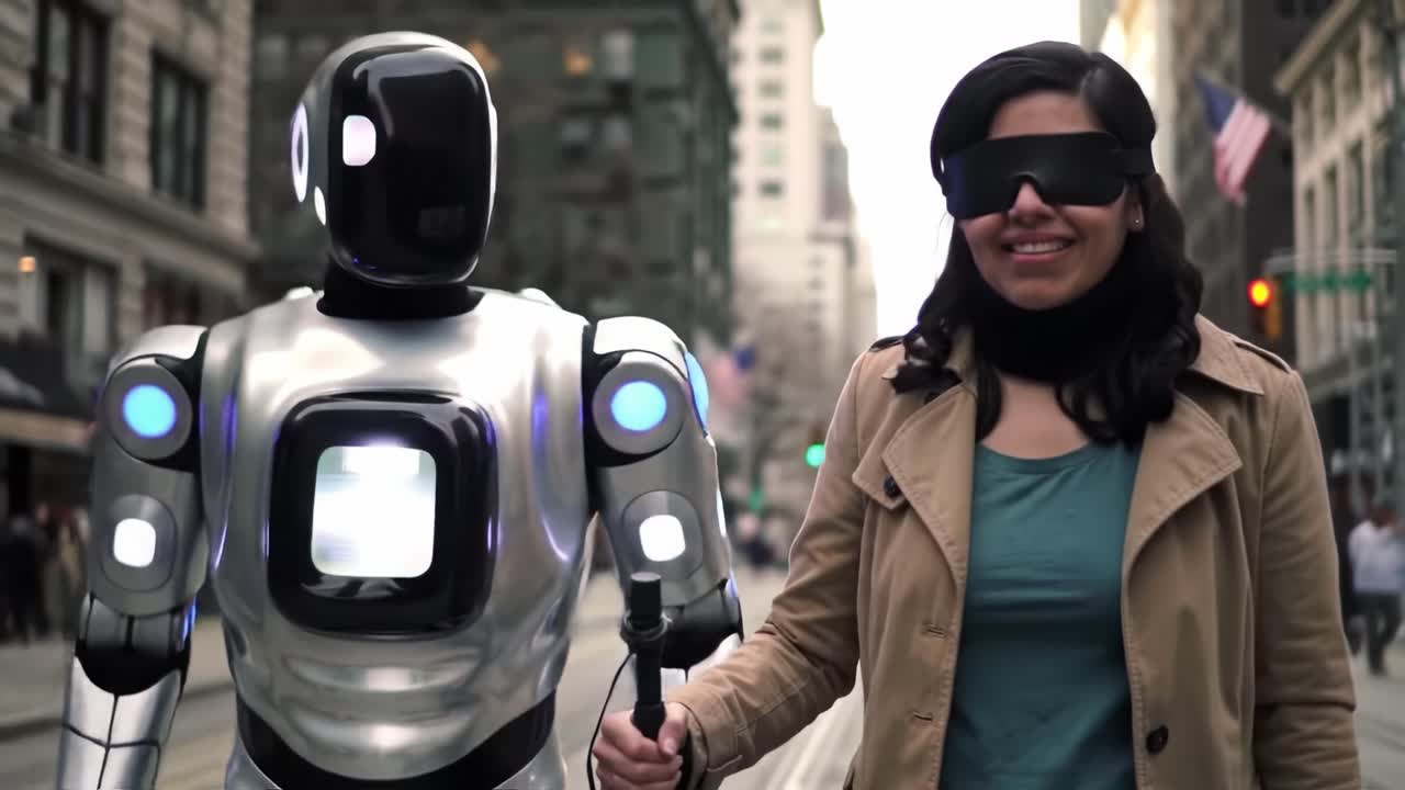 A woman walks alongside a humanoid robot in an urban area, both enjoying the outdoor atmosphere. The woman appears engaged and happy while navigating the city together.