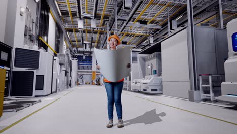 ingeniera revisando planos en una fábrica moderna