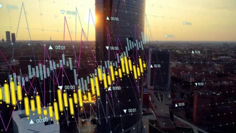 animation of financial data processing over cityscape