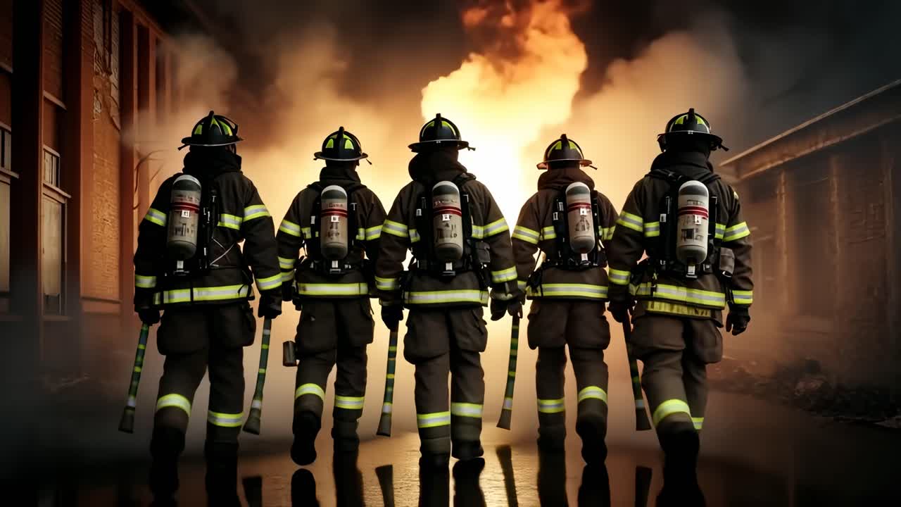 Rear view of five firefighters walking towards flames, captured at eye level