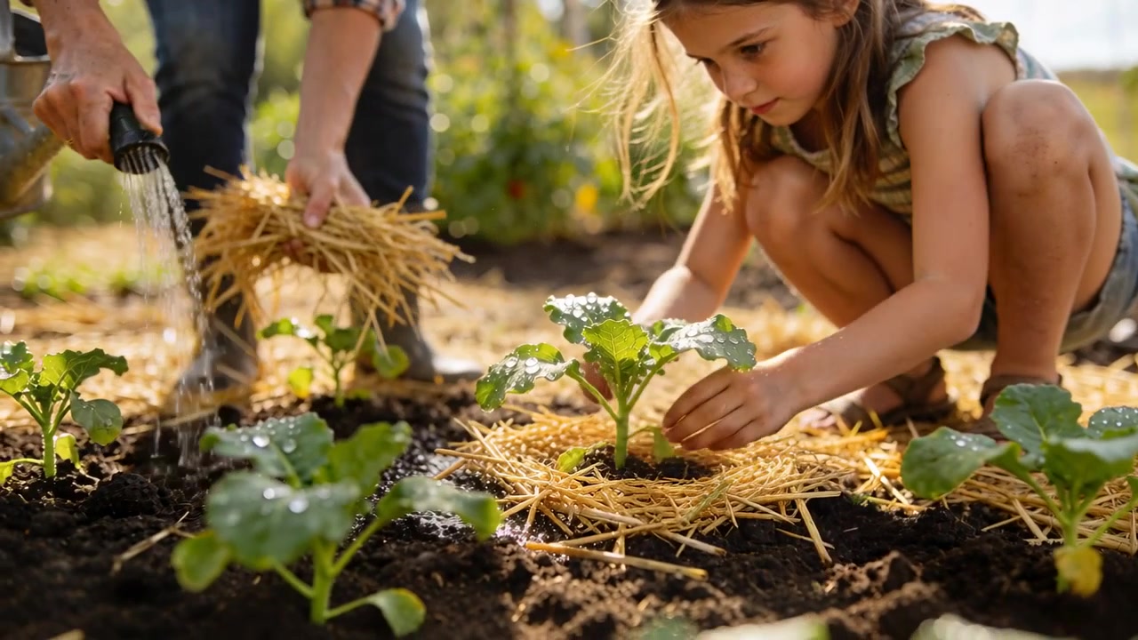 En voksen i støvler tipper en vandkande, mens et barn presser halm-mulch omkring frøplanten for at sikre rødderne i haven.
