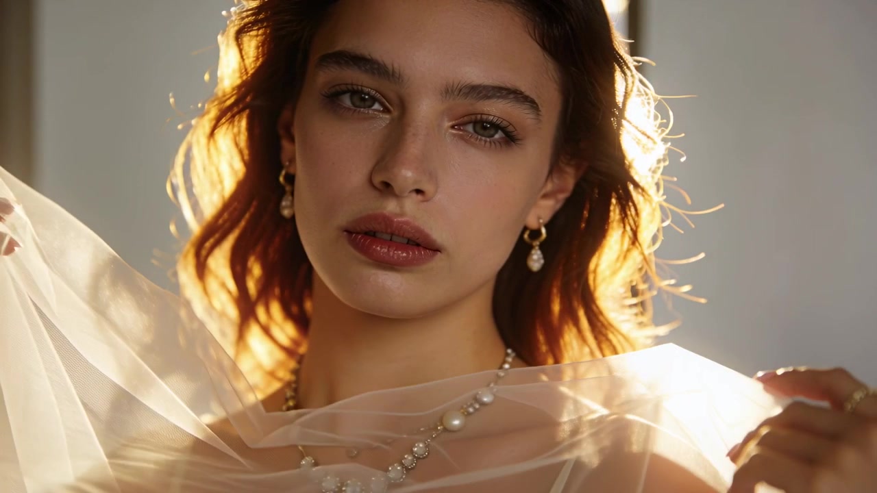 Modella che si abbassa, sistemando un velo trasparente in studio, con le mani che entrano nell'inquadratura e rivelano una collana