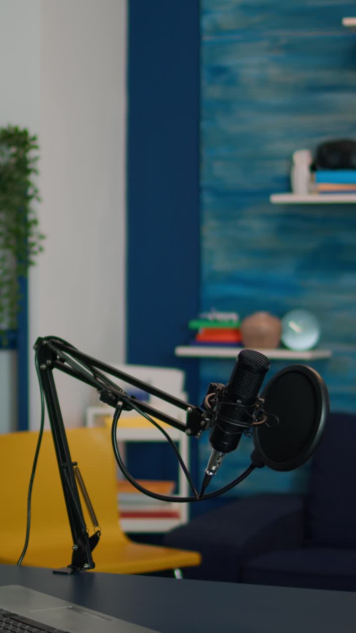 Vertical video: Professional podcast microphone of influencer in empty living room