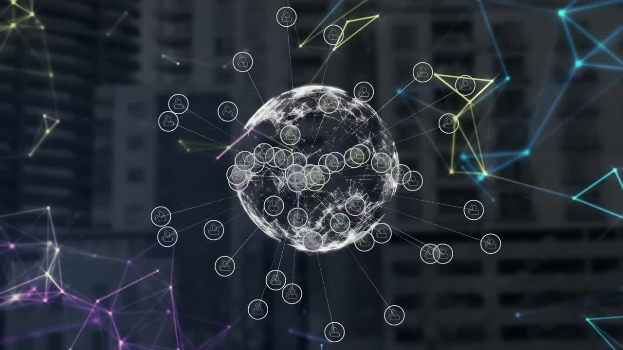 globo de iconos digitales y red de conexiones contra edificios modernos