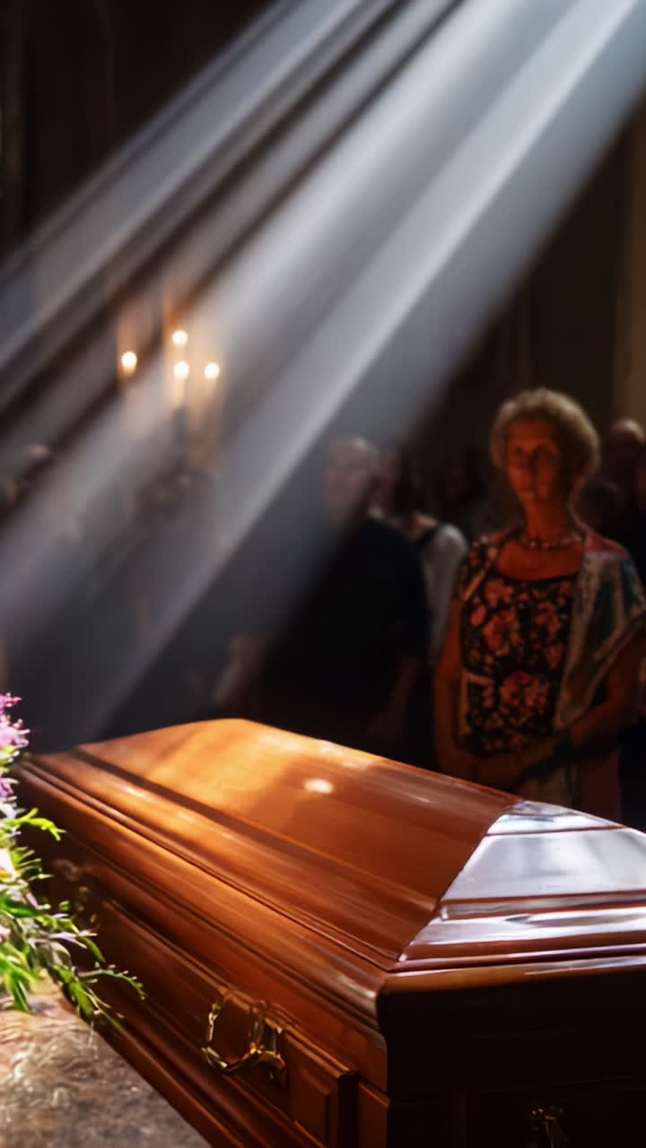 Un addio malinconico illuminato da una luce eterea durante una cerimonia commemorativa, che cattura l'atmosfera emozionante che circonda la bara splendidamente decorata