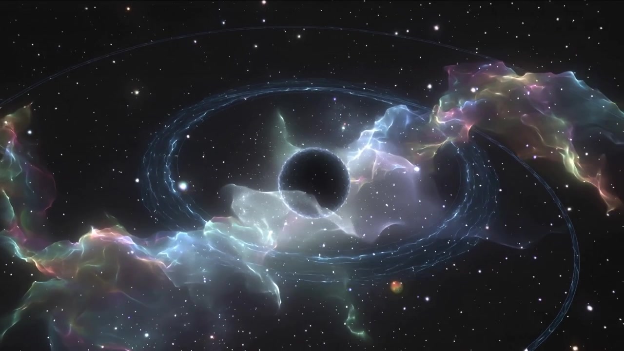 Gravità dal nucleo oscuro centrale che attira gas nebulare verso l'interno nello spazio profondo, formando un anello più luminoso.