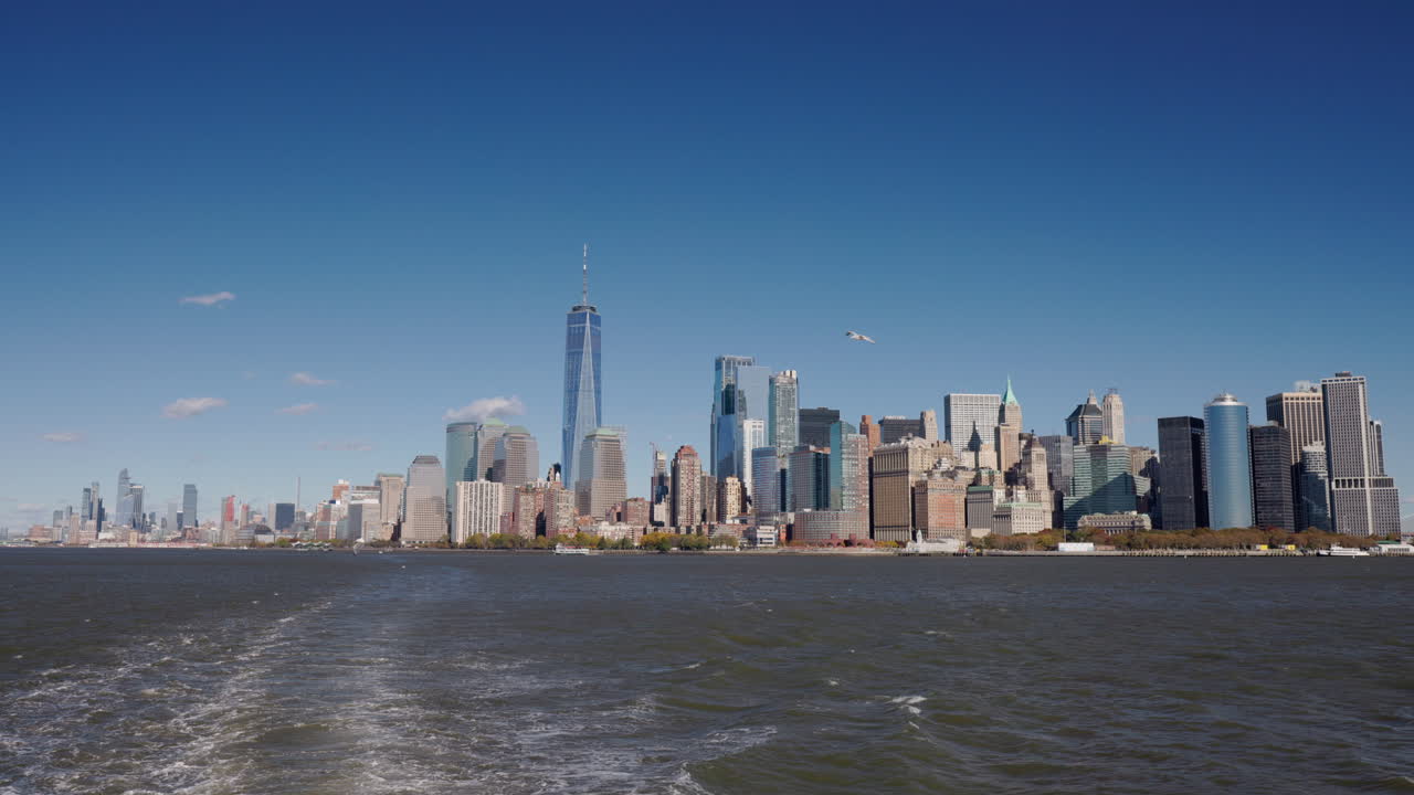 Skyline de Manhattan da Água com o One World Trade Center e Gaivotas Voando