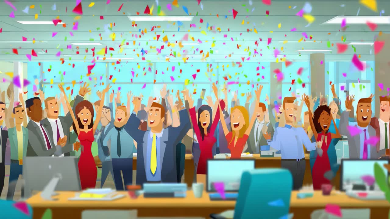 Excitement and Celebration in the Office: A Joyous Scene with Employees Celebrating a Milestone, Filled with Confetti and Lively Atmosphere, Showcasing Team Spirit and Happiness