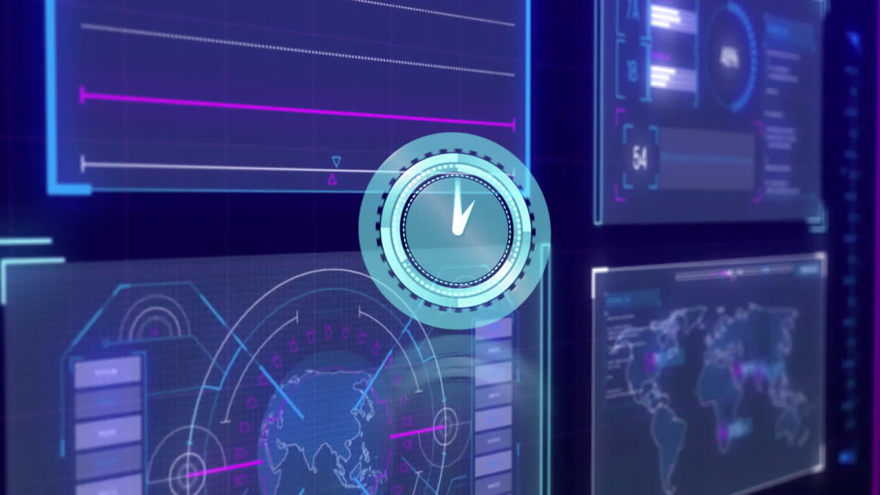 Digital interface with graphs, world map, and checkmark symbol animation