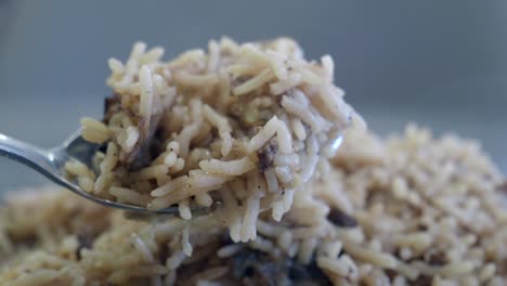 close-up of a forkful of rice dish