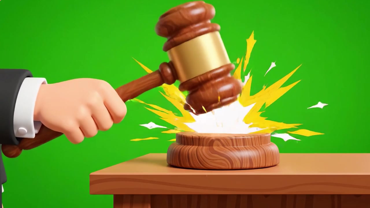 Representasi Kreatif Palu Hakim Mengetuk Balok Suara, Melambangkan Keadilan dan Pengambilan Keputusan dalam Konteks Hukum dengan Latar Belakang Hijau Cerah.