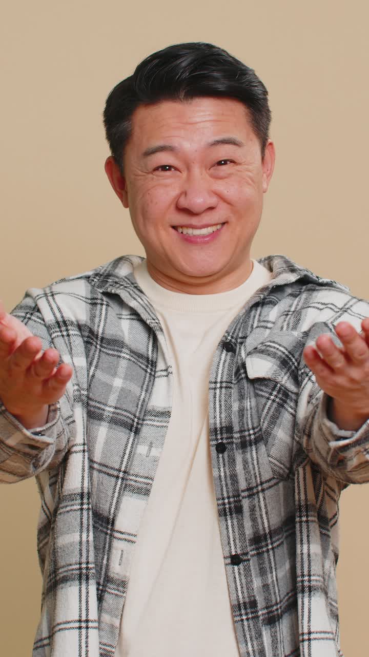 Asian man opening hands free gifts presents for you charity donation sharing love surprise award