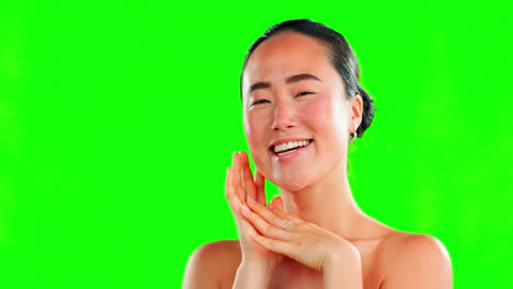 beauty, wink and portrait of asian woman on green