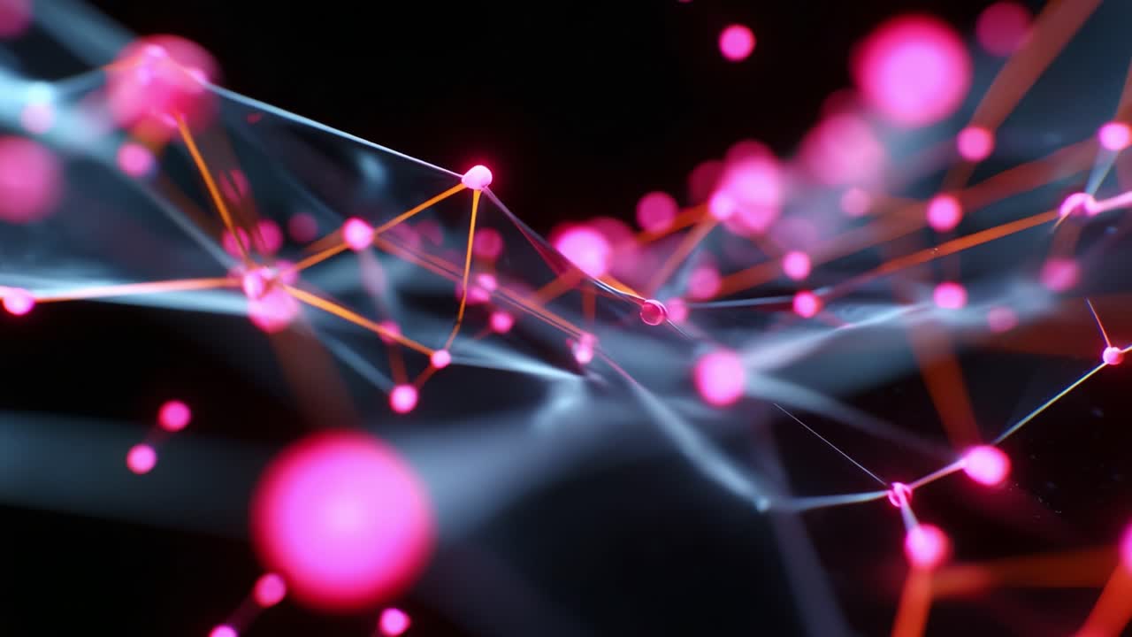 An abstract visualization of interconnected nodes and glowing particles illustrates the dynamic interplay of technology and data in a futuristic digital landscape, showcasing vibrant colors and intricate designs