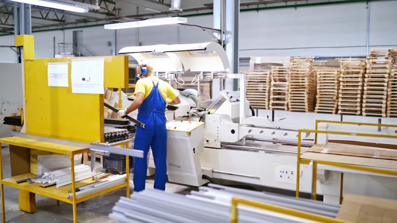 Production and assembly in factory. Man operates machine in production