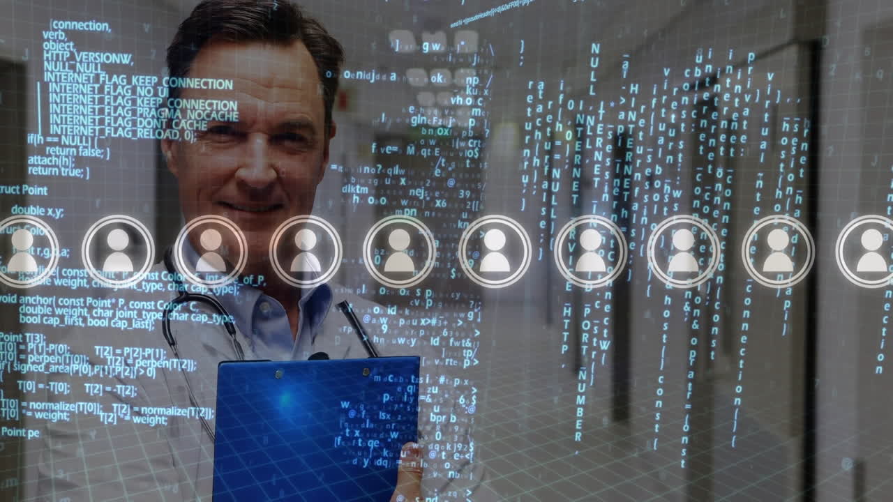 Animation of data processing over caucasian senior male doctor holding a clipboard at hospital