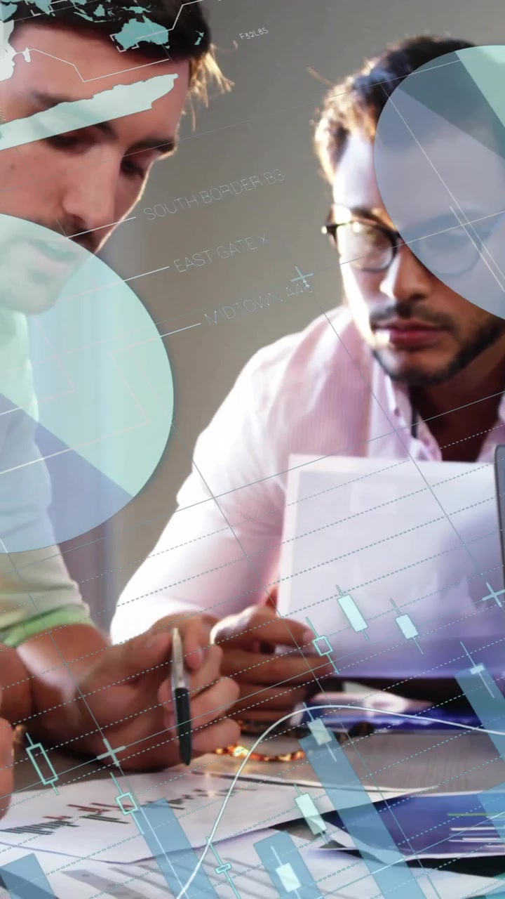 Animation of financial data processing over diverse business people in office