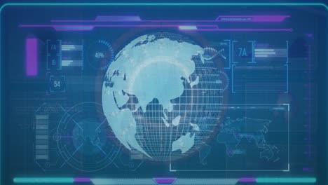 animation of infographic data processing with globe rotating on digital interface