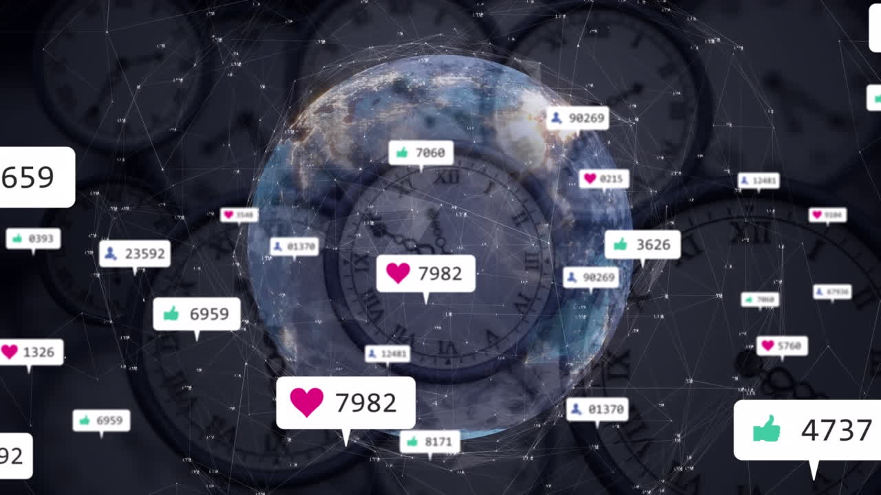 세계를 가로질러 움직이는 미디어 아이콘과 시계의 애니메이션