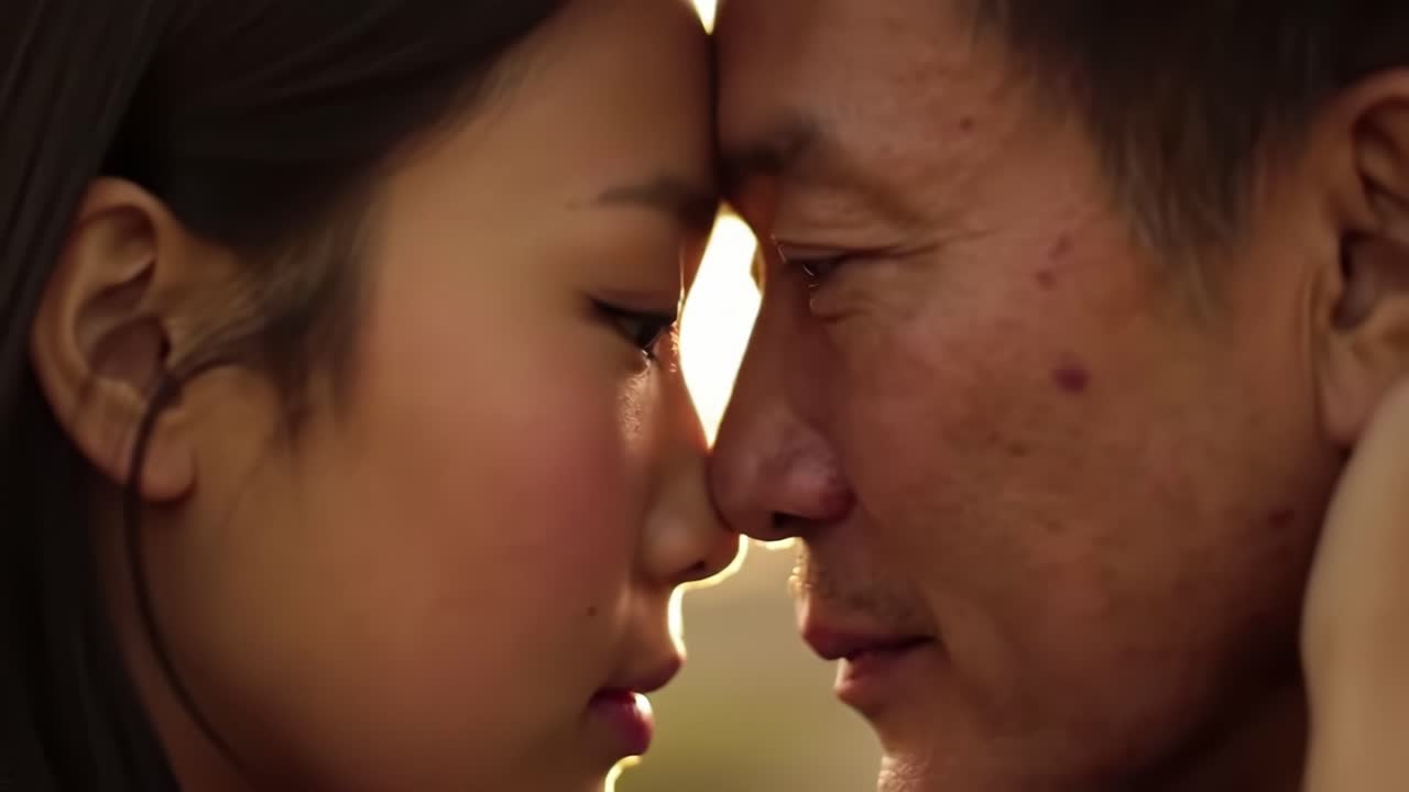 Two people face each other with intense expressions in a soft golden light. The setting sun enhances their emotional connection and deep gaze. This moment highlights the beauty of relationships.