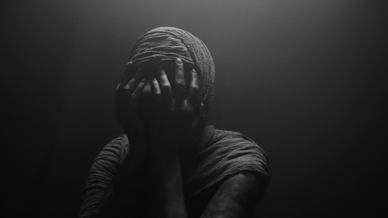 A mummified woman against the dark background in keeps her hands on her face the powerful pose full of despair