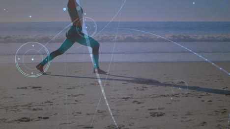 animation of networks of connections over caucasian woman praciticing yoga on beach