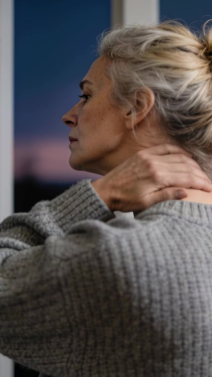 Video verticale: Donna anziana che si massaggia il collo a casa, guardando fuori dalla finestra al tramonto, con una sciarpa ad anello in maglia grossa.