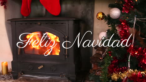 animation of feliz navidad over christmas presents, fireplace and tree