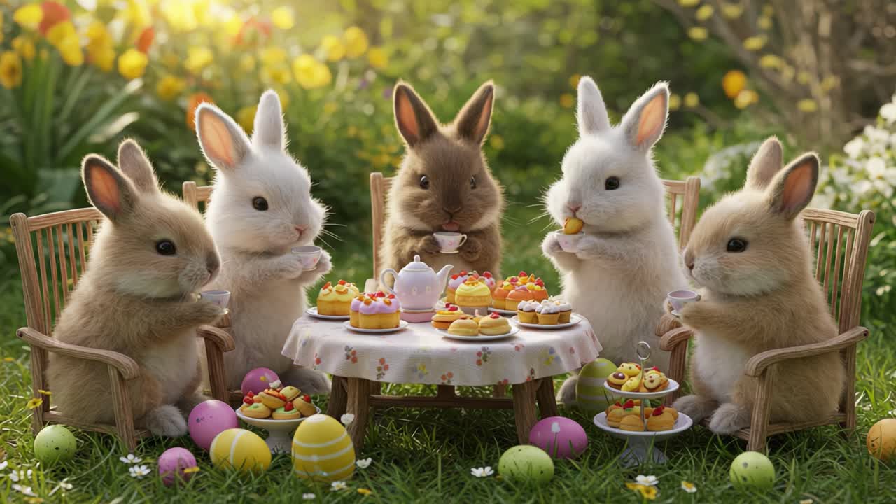 A Delightful Gathering of Adorable Rabbits Enjoying Springtime Treats at a Colorful Outdoor Tea Party Surrounded by Bright Flowers and Easter Eggs
