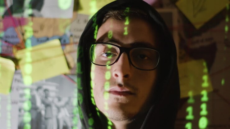 Giovane hacker incappucciato che guarda la telecamera con un riflesso di codice binario sul viso.