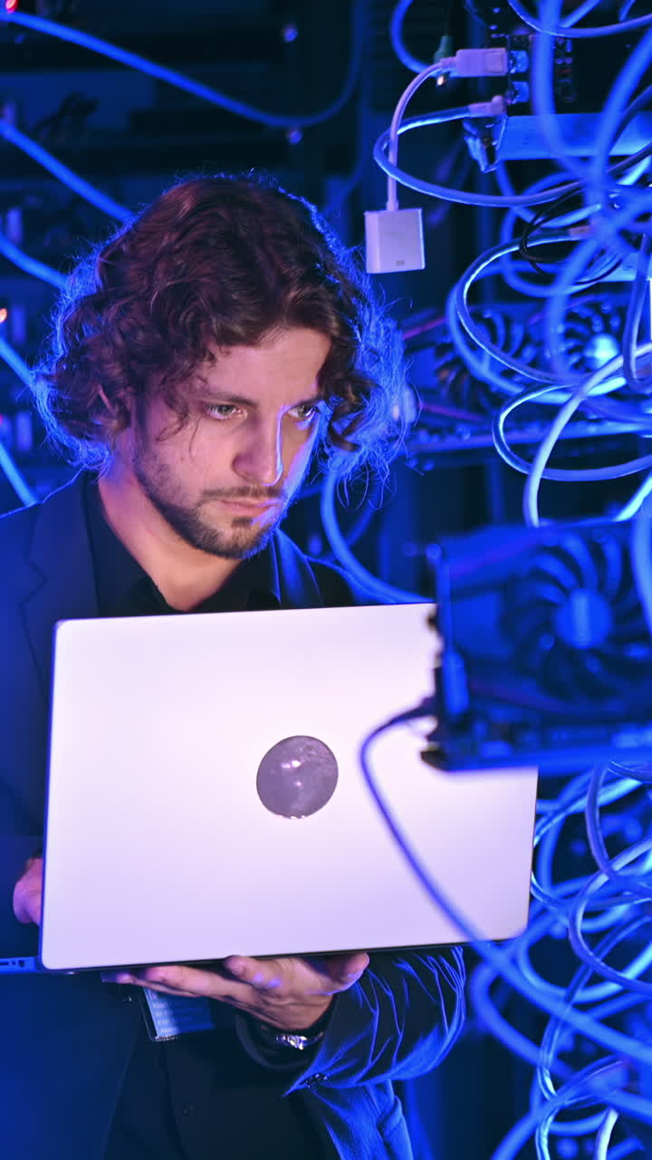 Man analysing data in a server room. Vertical