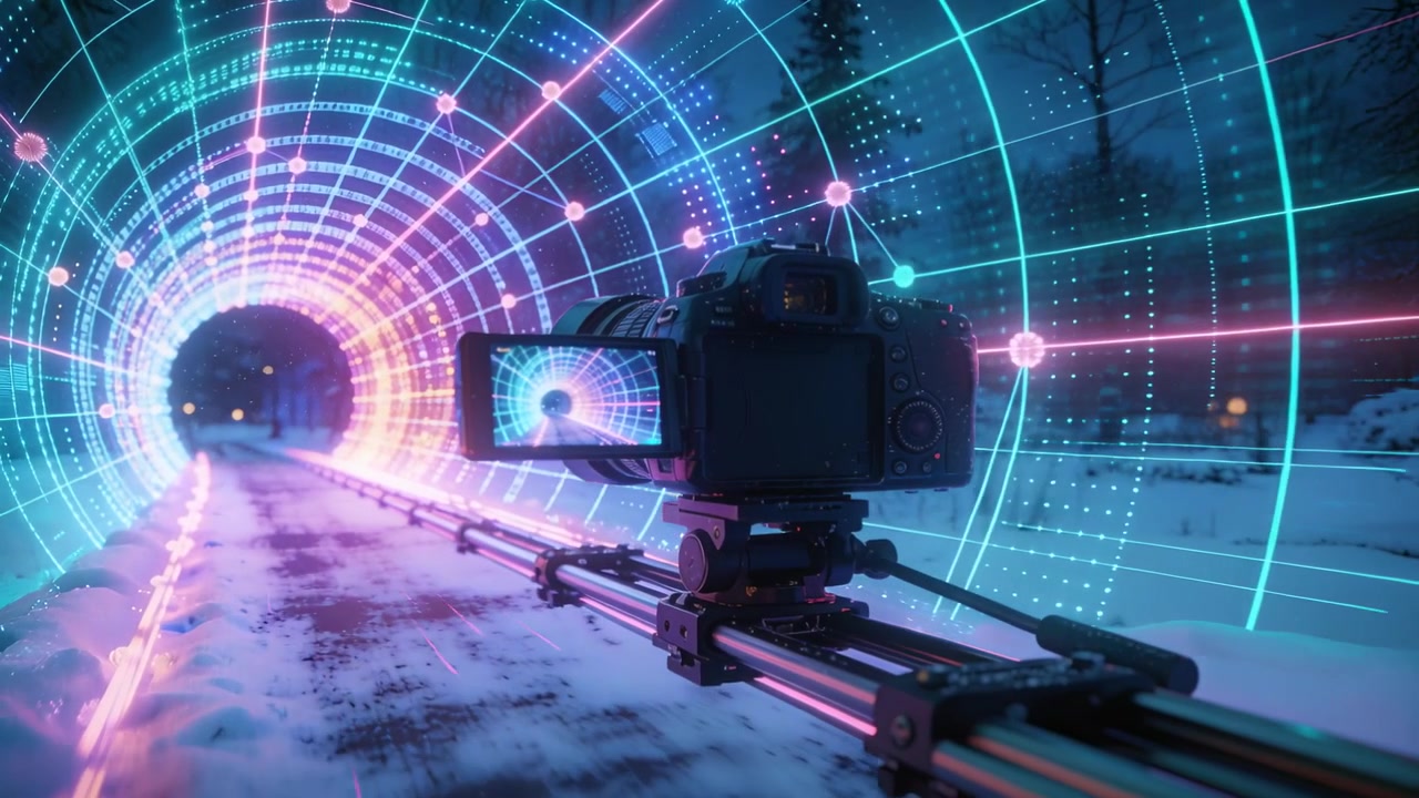 Lo slider parte, una DSLR su binario si muove verso un tunnel al neon sulla neve, con un LCD integrato che riprende il portale.