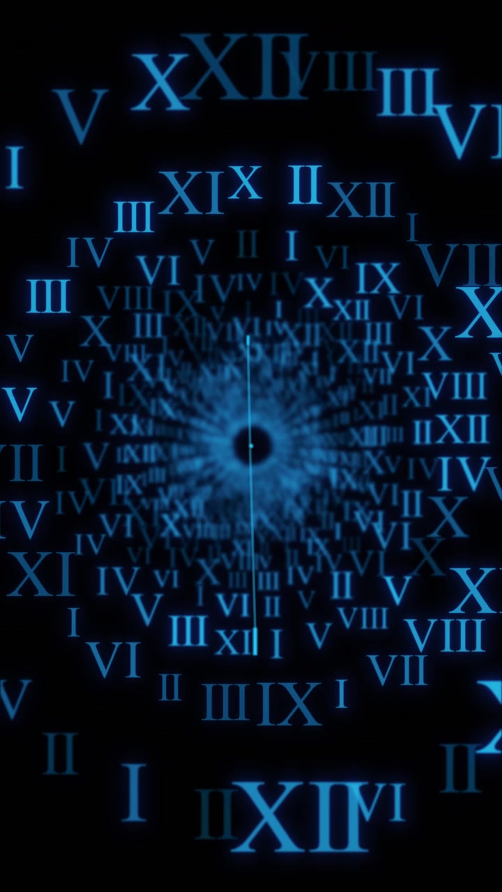 Tunnel temporale blu con numeri romani, simboli di orologio luminosi, vortice nero profondo e conto alla rovescia futuristico