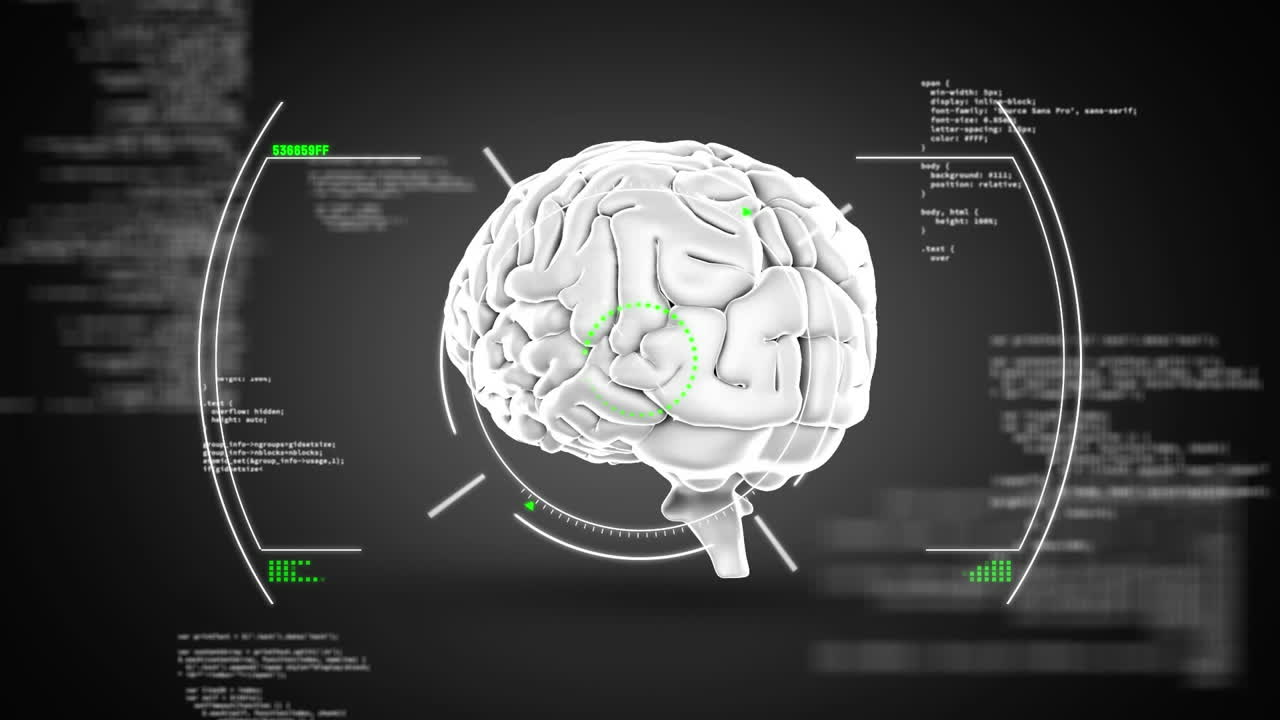 Animation of digital human brain in circles over computer language against abstract background