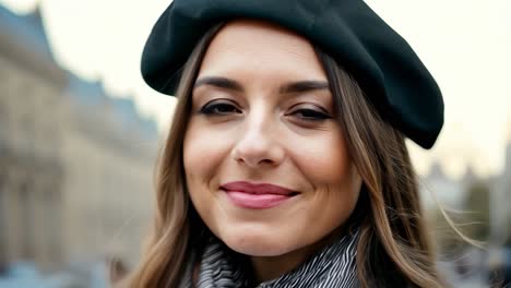 smiling parisian woman wearing a black beret and scarf radiates happiness in an urban outdoor setting