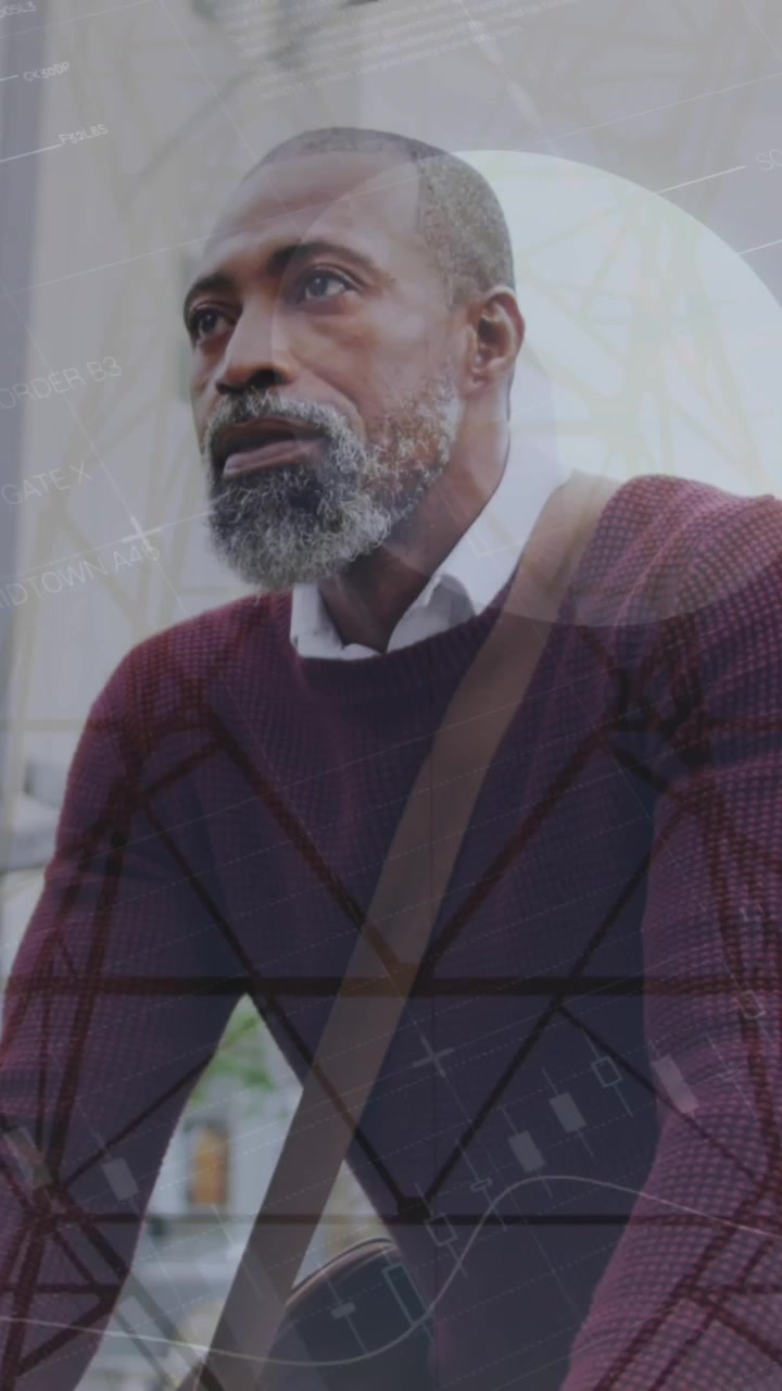 Animation of infographic interface, transmission tower against african american man riding bicycle