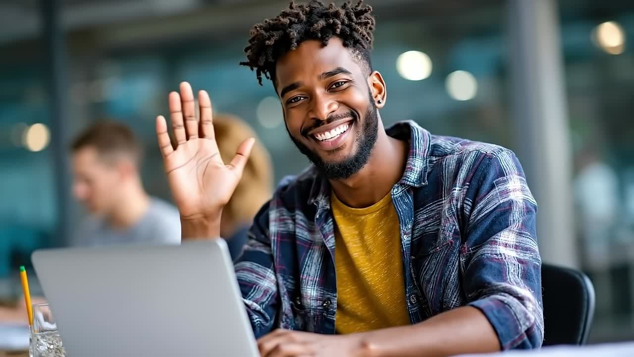 A man sitting at a table with a laptop and waving his hand