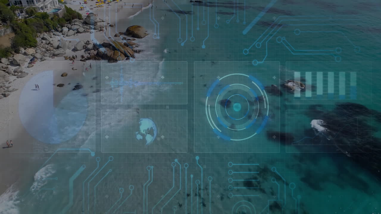 Translucent blue HUD interface hovering above aerial beach scene, revealing grid panels and gauge